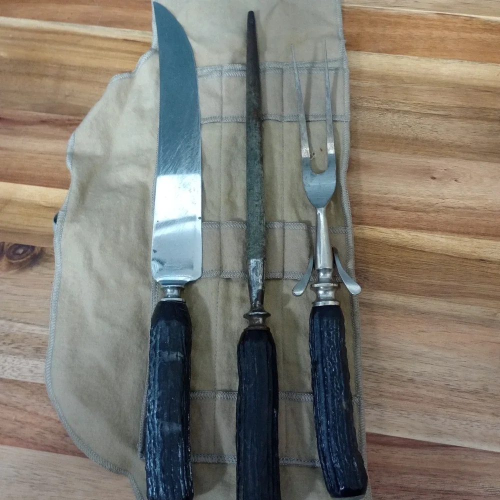 Vintage Universal Black Stag Antler Handled 3 Pc Stainless Resistain Carving Set